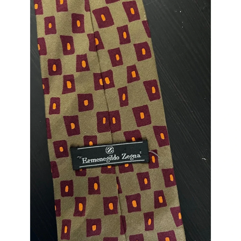 Ermenegildo Zegna Mens Silk Tie Olive Green Burgundy Geometric Made in Italy